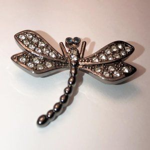 Pewter Rhinestone Dragonfly Pin, with Aqua Blue Eyes